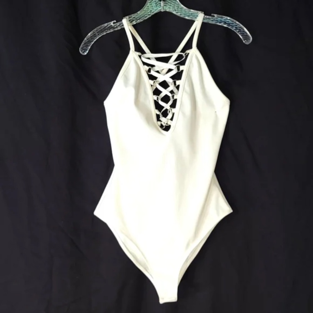 Plunging Lace Up Ribbed Bodysuit - Picture 1 of 8